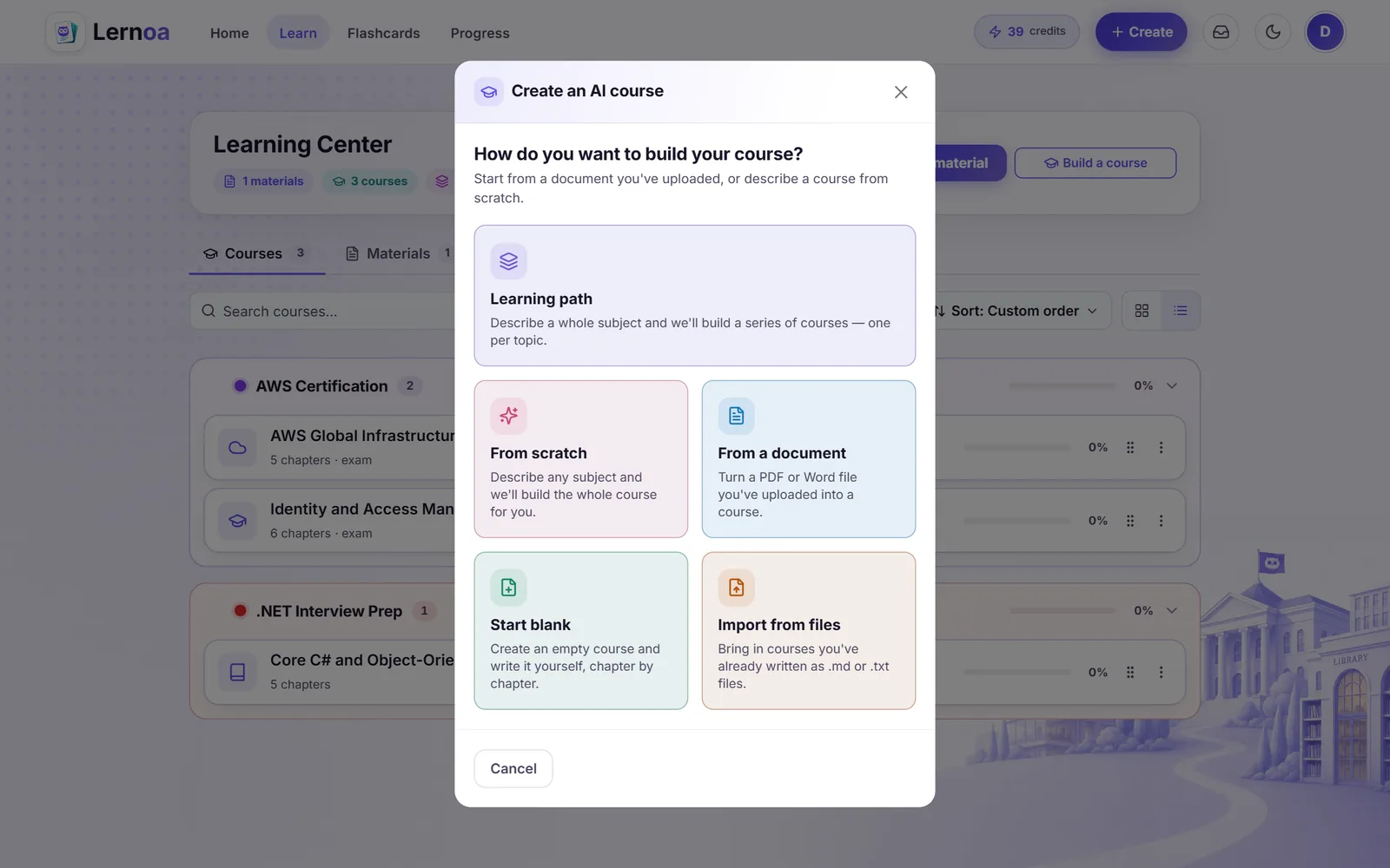 The "Create an AI course" dialog with Learning path, From scratch, From a document, Start blank, and Import from files options