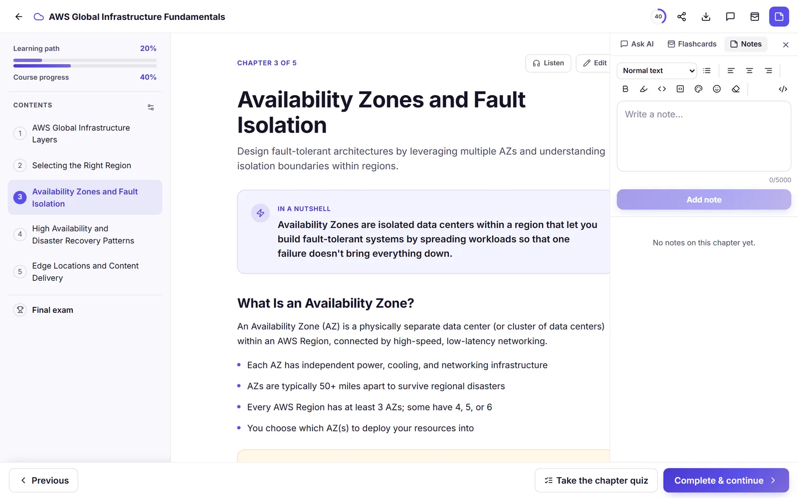The notes panel open next to a course chapter with a rich-text note editor