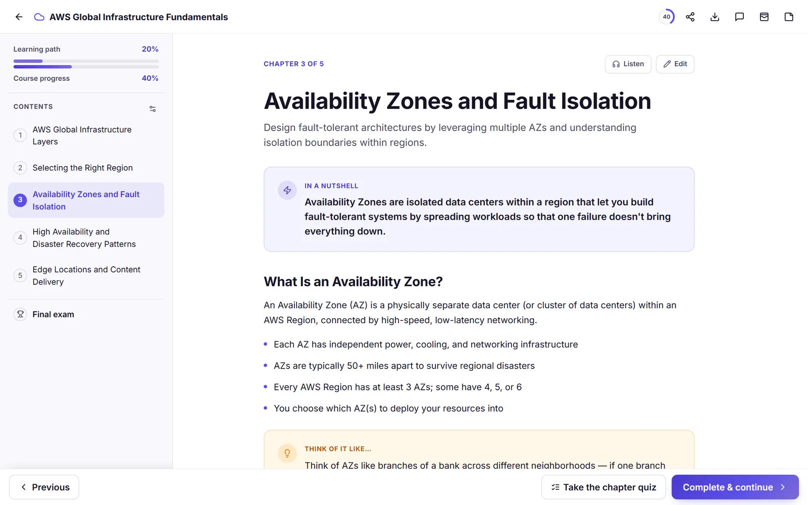 The course reader showing a chapter with an In a nutshell summary, contents sidebar, and progress