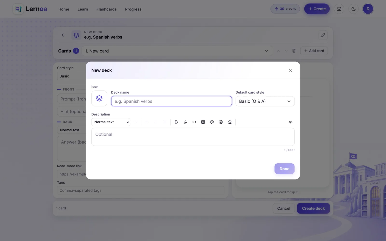 The manual deck builder with the New deck dialog: icon, name, card style, and rich-text description