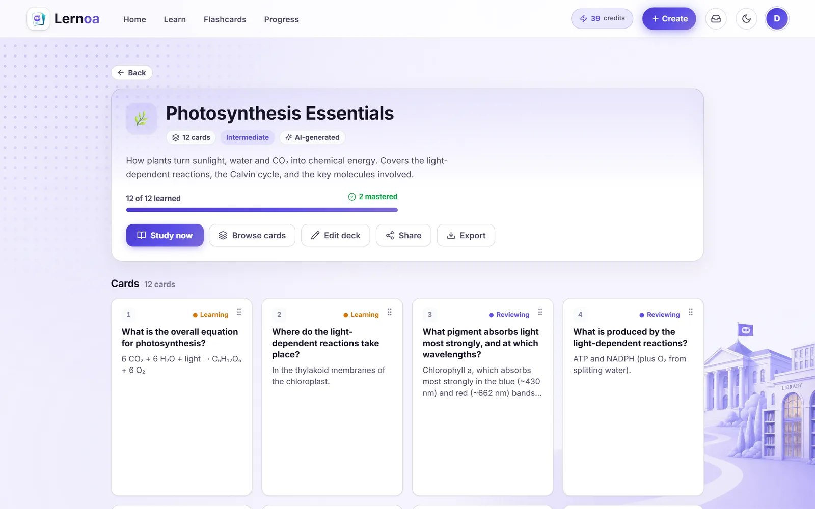 A deck page with progress, Study now, Browse cards, Edit deck, Share, and Export buttons and a grid of cards