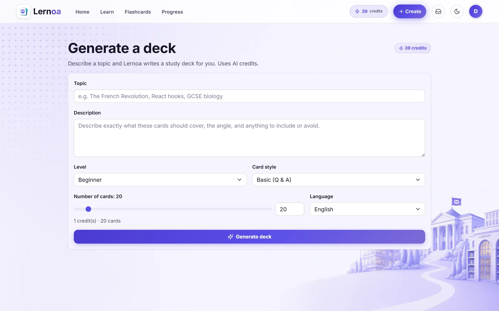 The Generate a deck form with topic, description, level, card style, card count slider, language, and a live credit estimate