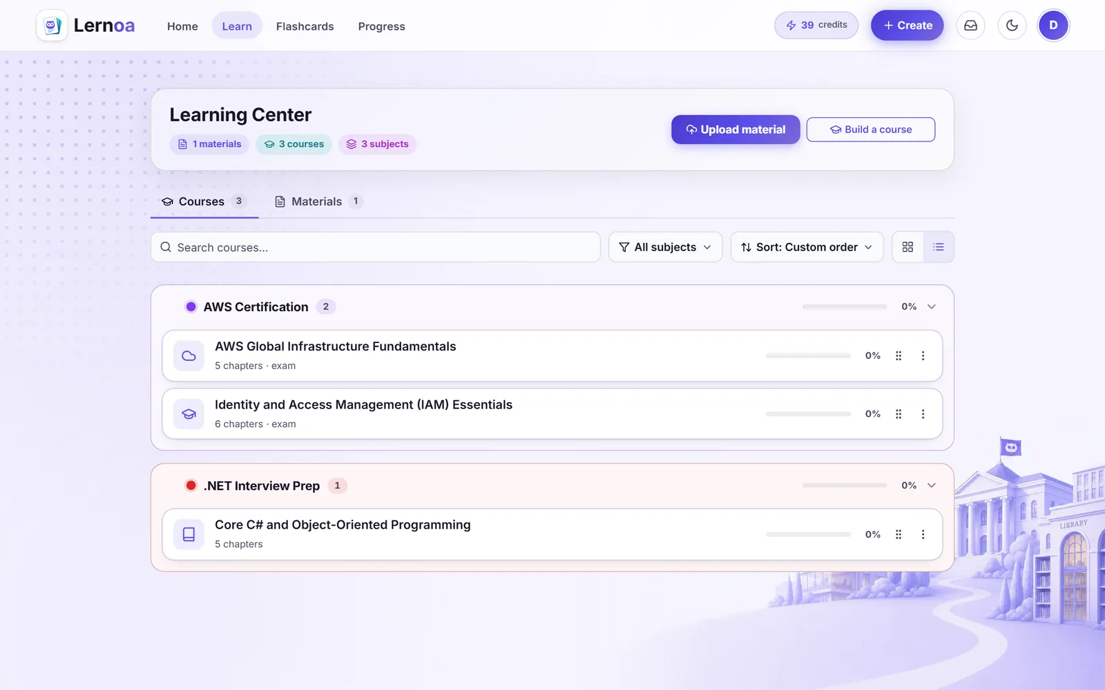 The Learning Center with courses grouped into colored subjects, search, sort, and view toggles