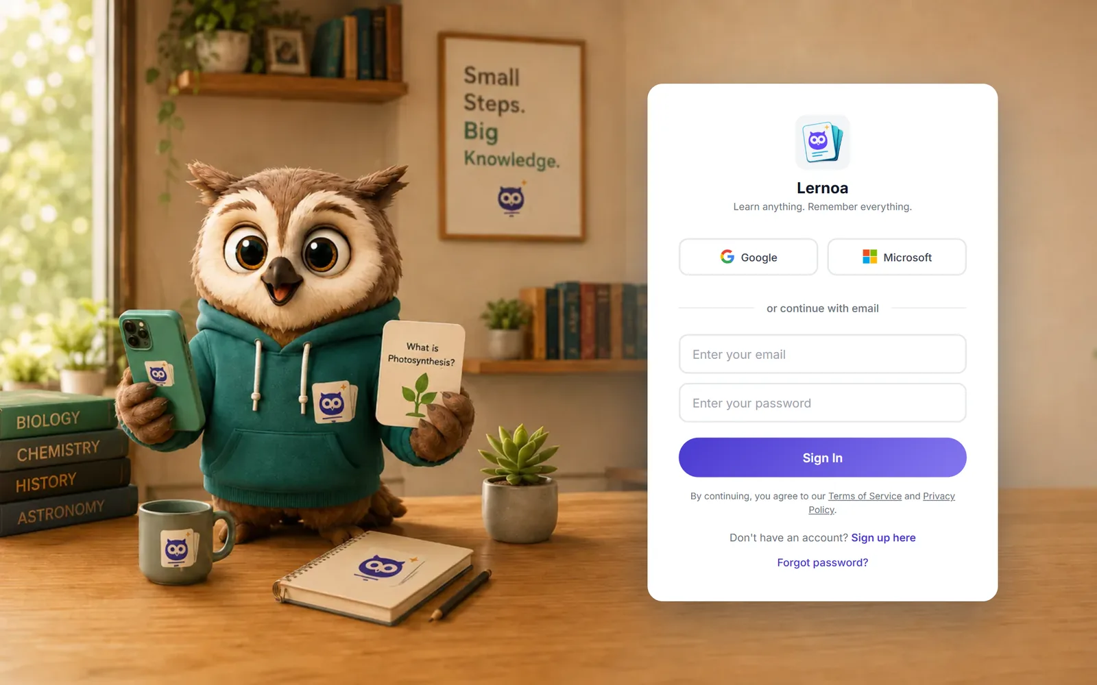 The Lernoa sign-in page with Google, Microsoft, and email options