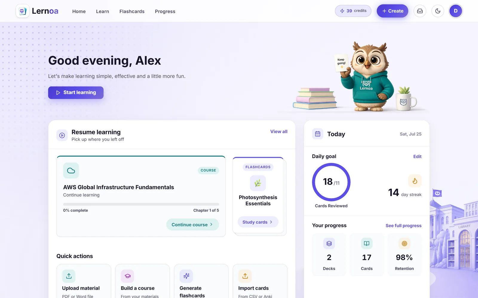 The Today dashboard with resume learning cards, daily goal ring, day streak, and progress tiles
