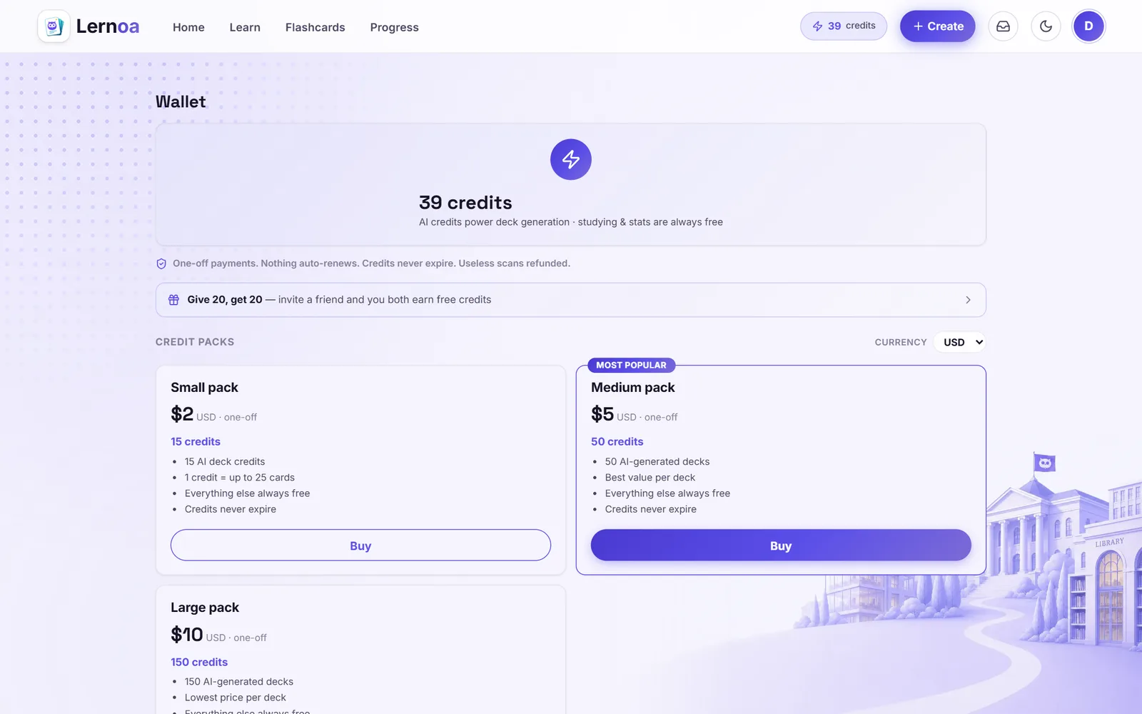 The Wallet page showing the credit balance, one-off credit packs in USD, and a currency selector